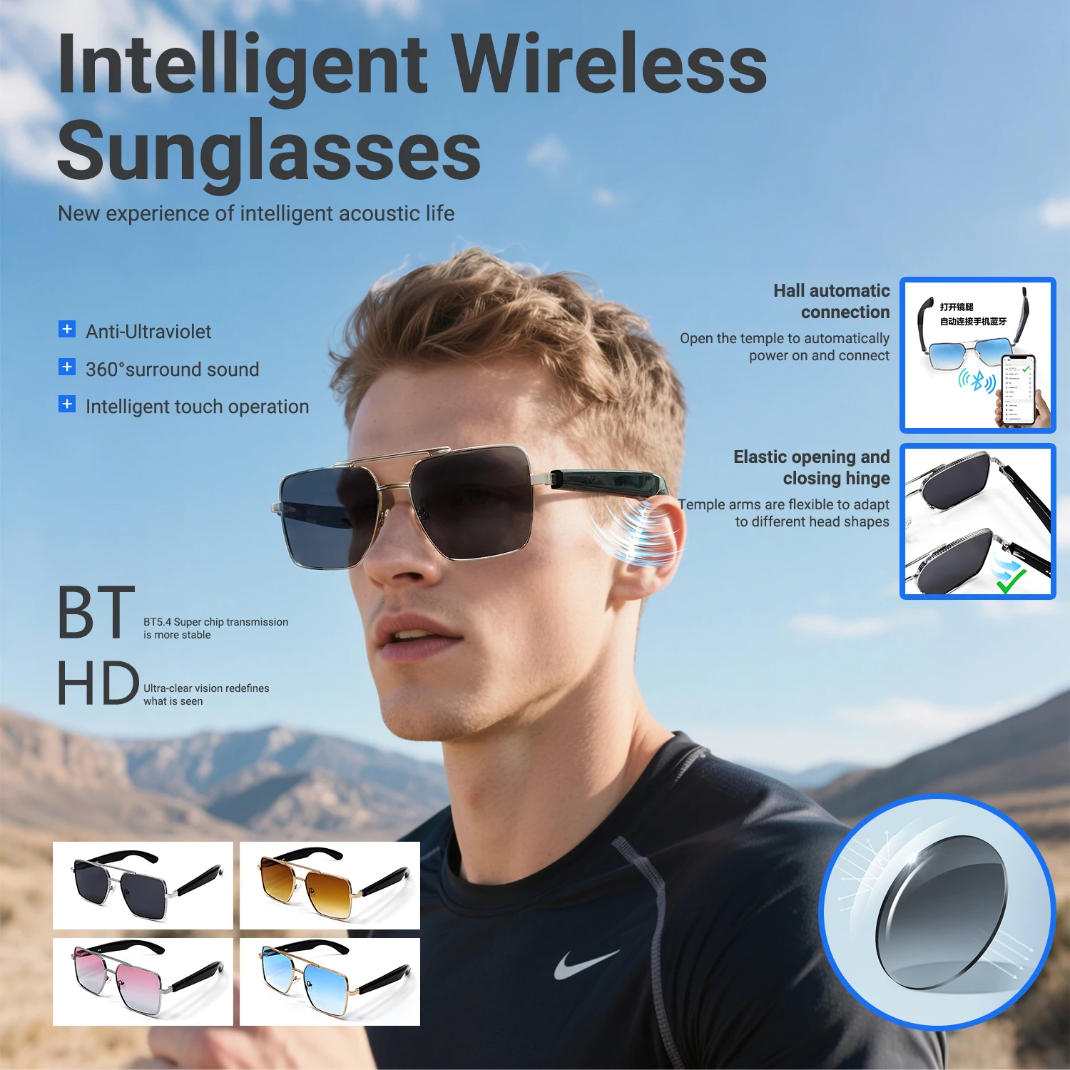 Gafas de sol inteligentes Llamada Bluetooth Auriculares para deportes al aire libre Gafas inteligentes con micrófono y altavoz incorporados