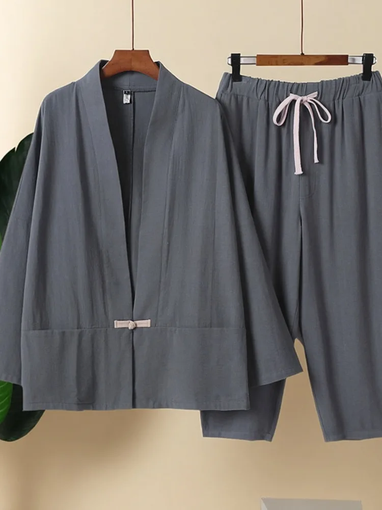 

Льняной комплект: мужская рубашка с длинным рукавом и брюки из девяти частей, большие размеры, хлопково-льняной ханьфу, даопао, осенняя коллекция