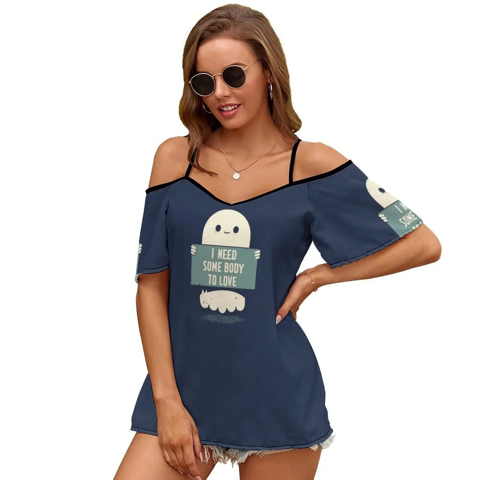 The Obvious 2035 Women Print T Shirt Casual Off Shoulder Loose Pullover Tops Fashion Clothes Ghost Love Nice Cute Queen Song