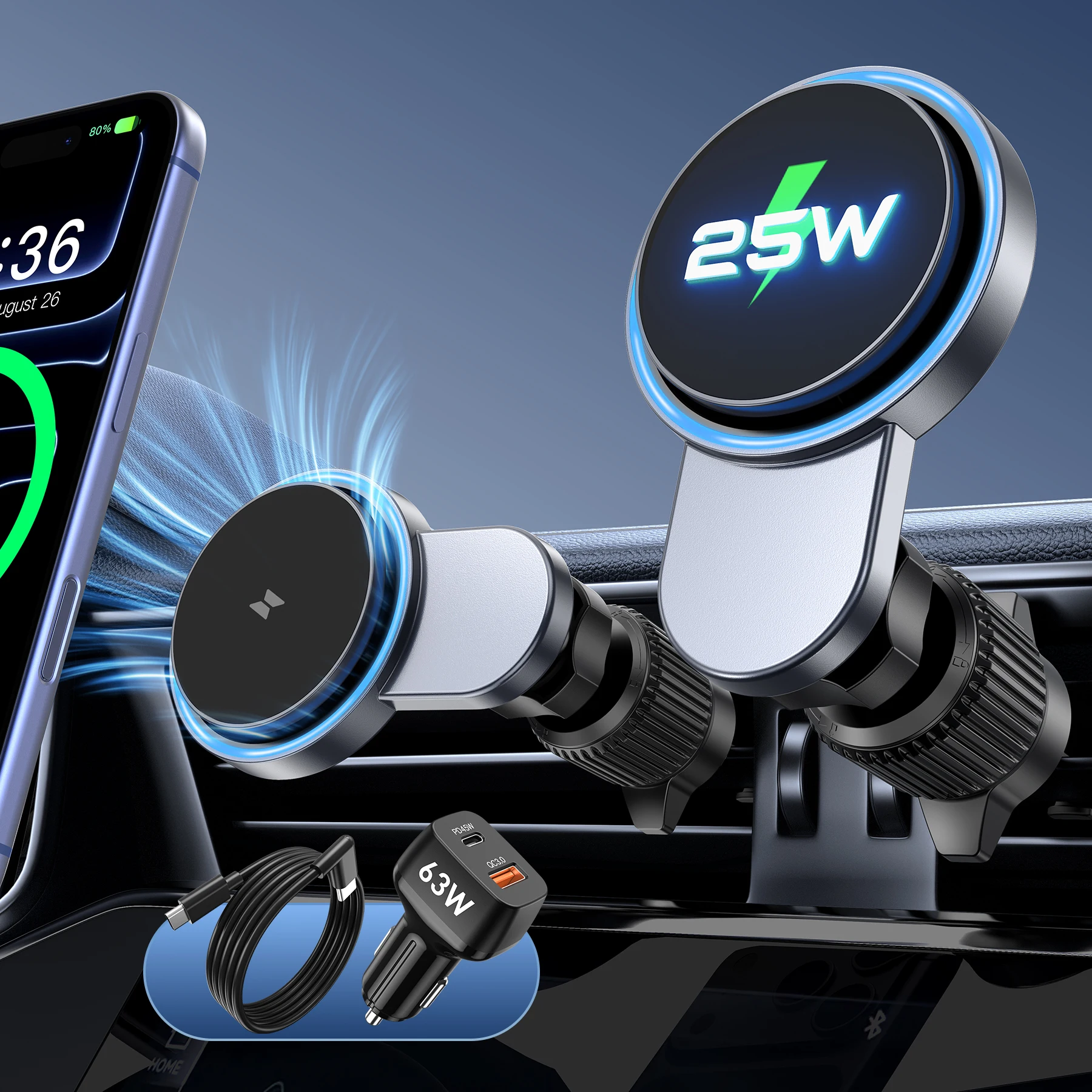 Chargeur magnétique sans fil QI2 25W pour voiture avec chargeur de voiture 63W pour iPhone 17 16 15 Pro Max, support de téléphone de voiture MagSafe à fixation rapide