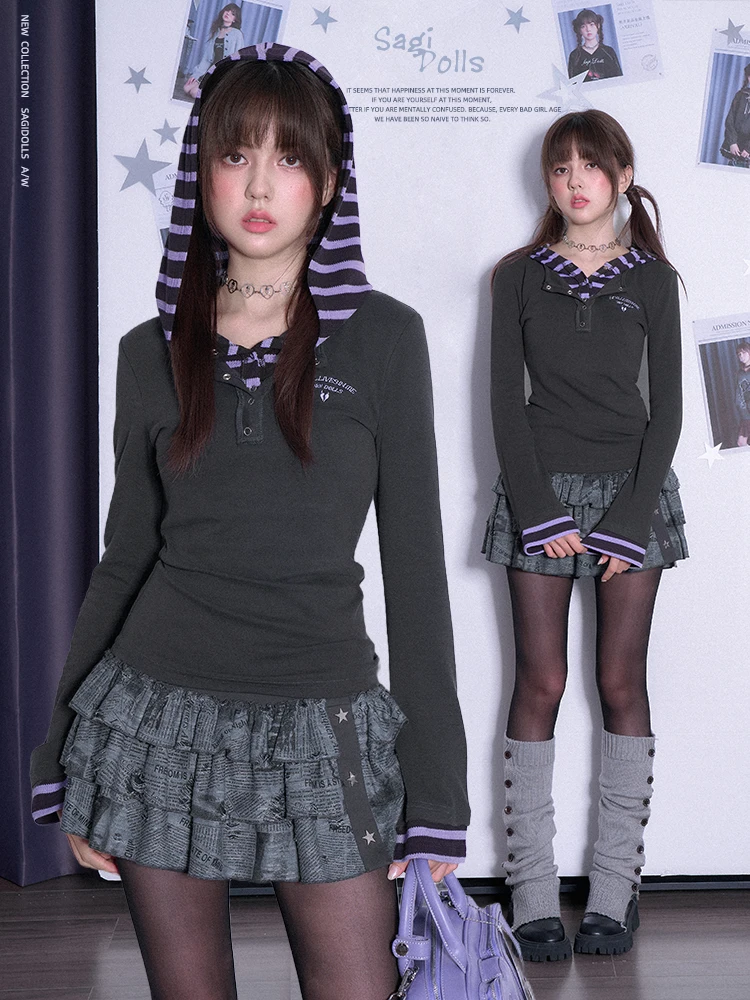 

SagiDolls Мотивационная футболка с капюшоном для девочек Hearroken Little Devil Cool ey Фиолетовая лоскутная длинная футболка с капюшоном для зимней повседневной одежды