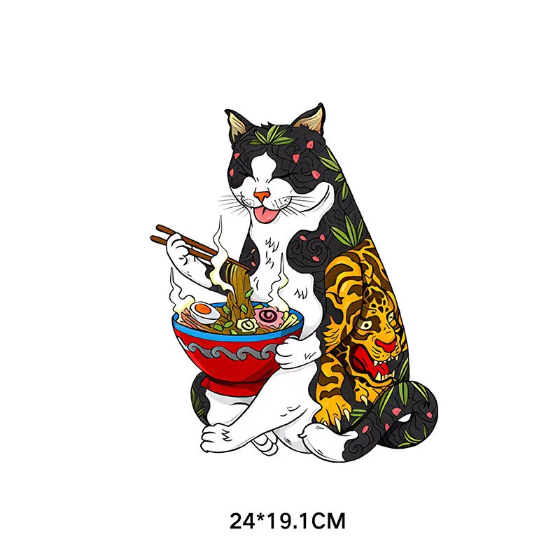 6 types of Japanese style samurai cat hot stamping DIY pattern hoodies heat transfer printing stickers clothing decoration