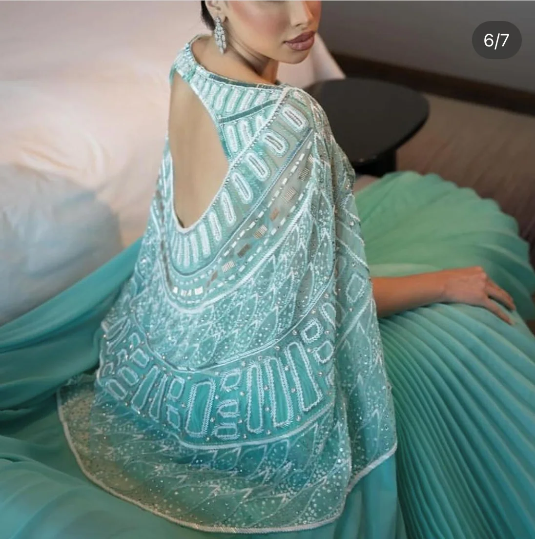 L197 Fashion Green Cape Luxury Beaded Open Back Ruffle A-line فساتين السهرة vestidos de fiesta فساتين سهره evening dresses