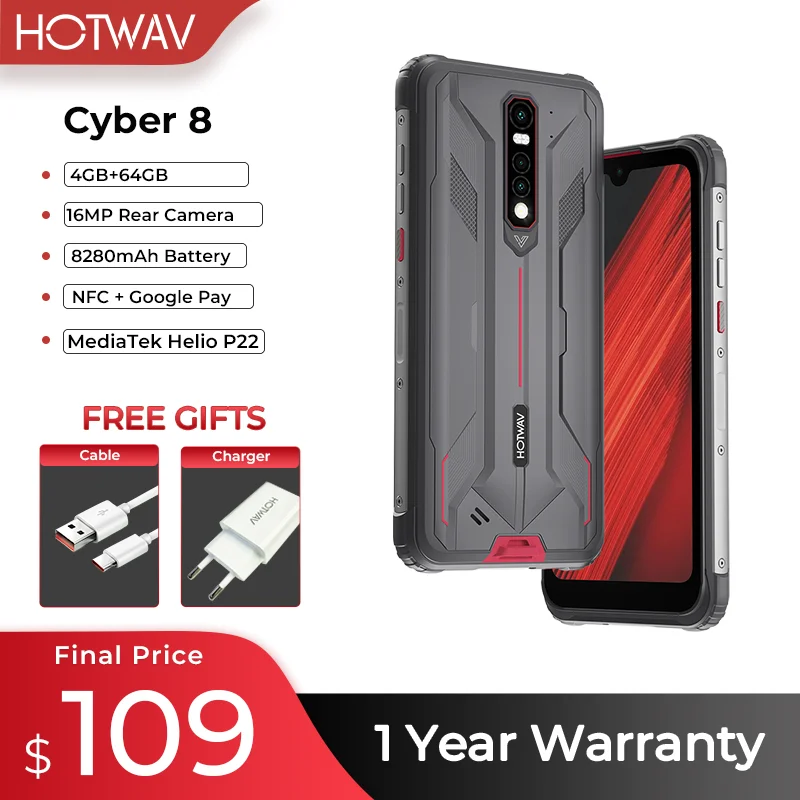 HOTWAV CYBER 8 Rugged Smartphones 4GB 64GB Waterproof 8280mAh Battery 16MP Rear Camera 6.3 Inch HD NFC Android 11 Telephone