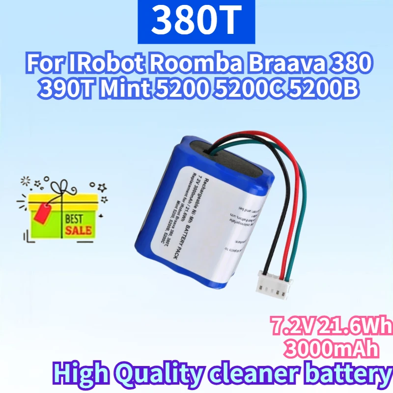 7.2V 21.6Wh 3000mAh 380T Rechargeable Battery for IRobot Roomba Braava 380 390T Mint 5200 5200C 5200B Accessories Replacement