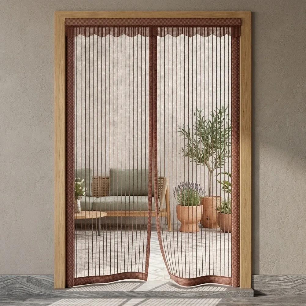 Summer Barrier Door Curtain with Magnetic Closure Striped Coffee for Design Polyester Material 100 cm W x 210 cm H