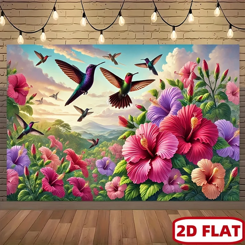 Colorful Hummingbirds Hibiscus Flowers Tropical Nature 2D Flat Tapestry Backdrop For Living Room Decor Botanical Wall Art