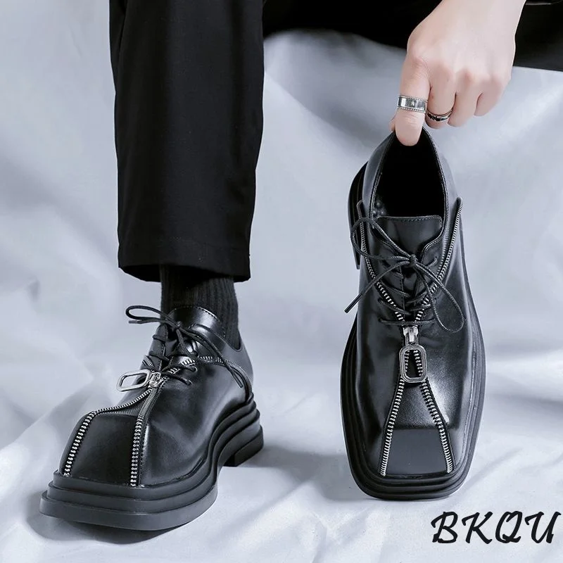 BKQU Small Platform Big Head Square Head Male Increase Punk Personality Zipper Designer Derby Shoes Fashion Man