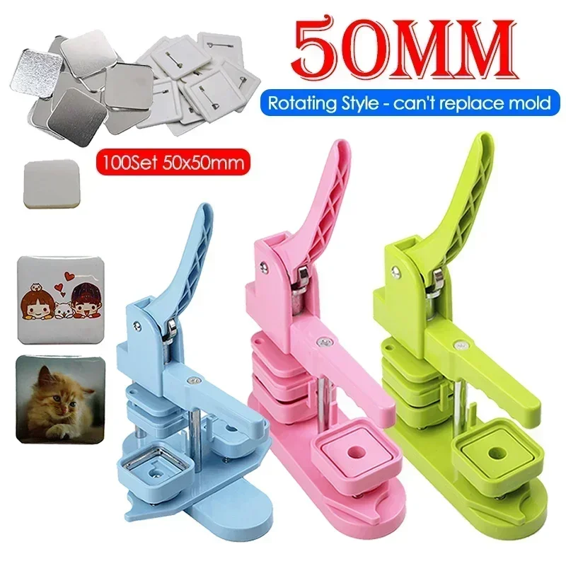 50mm Square Badge Button Maker with 100Set Blank Making Parts for DIY Making Badge Button Pins Art Craft Green/Pink/Blue Machine