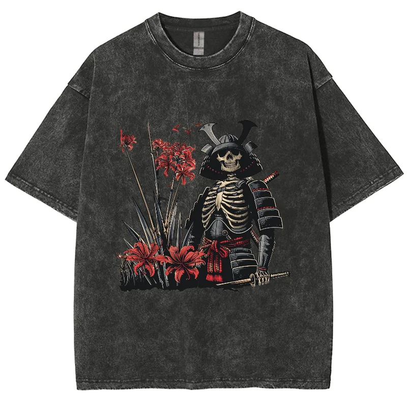 

Skeleton Ukiyoe Samurai Shirt, Hiphop Tops Y2K Washed T-shirt, Oversized Streetwear Vintage Washed Surf TShirts For Women Men