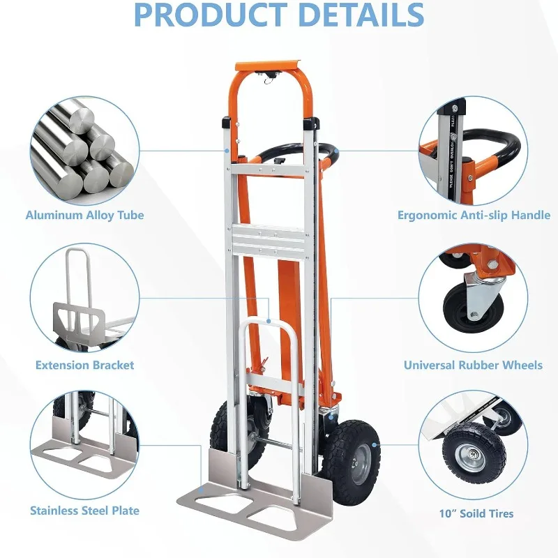 home.4 in 1 Gerobak Dorong Konvertibel, Gerobak Dorong Lipat dengan Roda Padat, Gerobak Dorong Aluminium Berat 1000LBS untuk Barang L