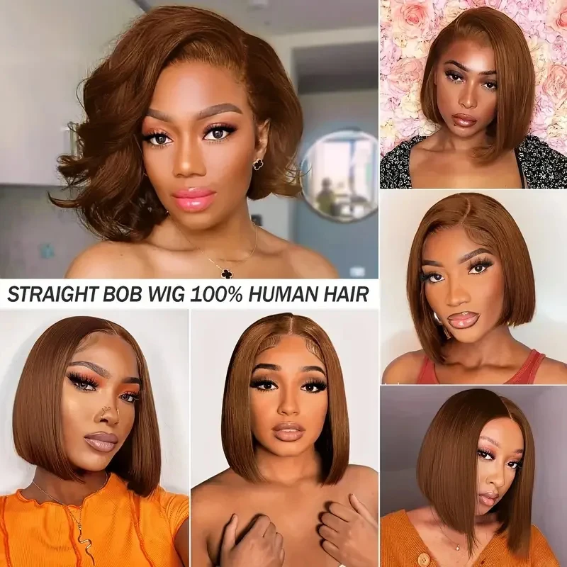 Brazilian Remy Hair 4# Chocolate Brown Straight Short Bob Wigs Human Hair Honey Brown 13x4 Transparent Lace Front Human Hair Wig