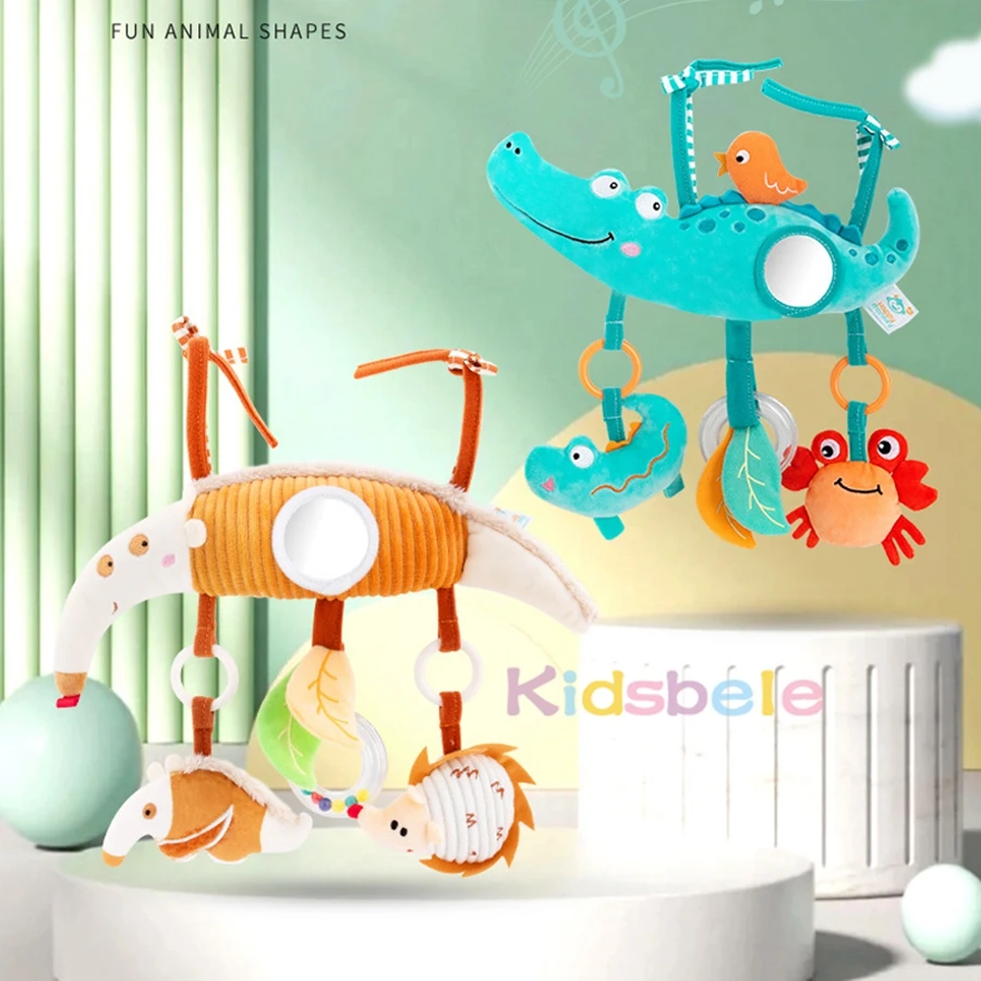 Jouet suspendu en peluche animal mignon pour berceau et poussette – Hochet doux, anneau de dentition et miroir, jouet sensoriel d'apprentissage précoce