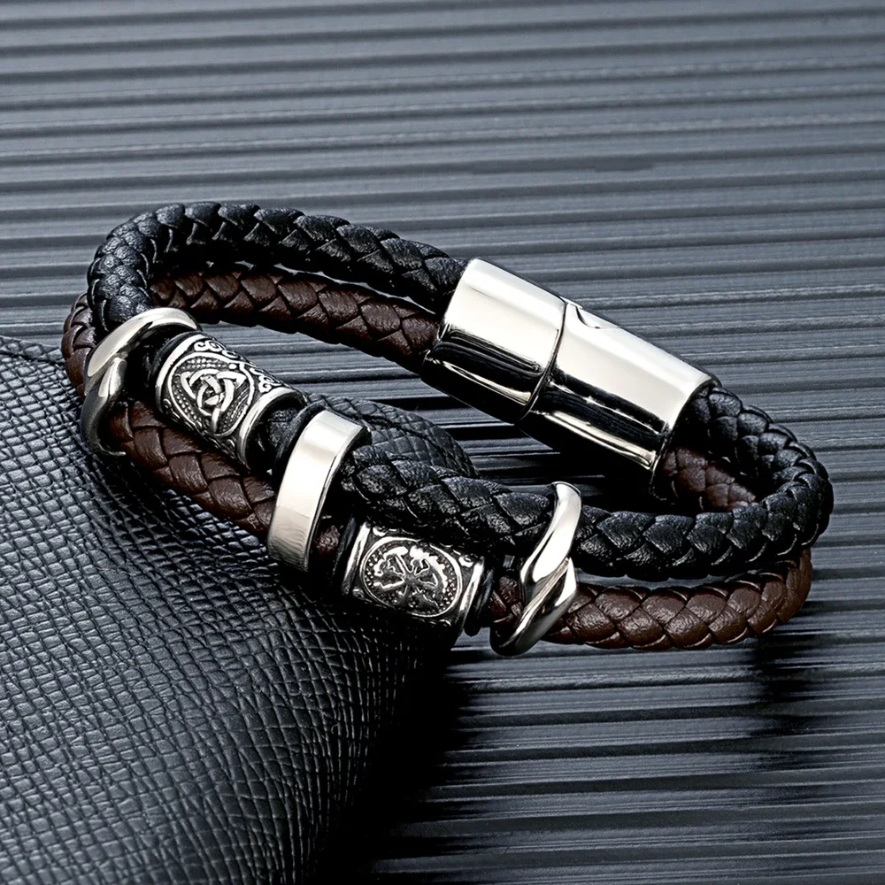 Punk Viking Style Stainless Steel Compass Norse Runes Amulet Beads Braided Multilayer Leather Bracelet Homme Pulseras