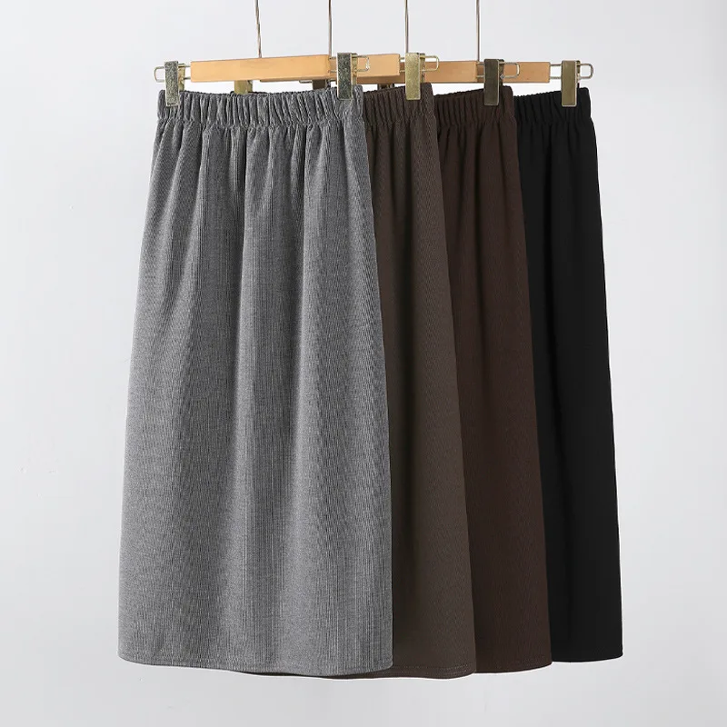 Ribbed Knit Slim Fit Midi Skirt High Waist A Line Bodycon Skirt with Slit