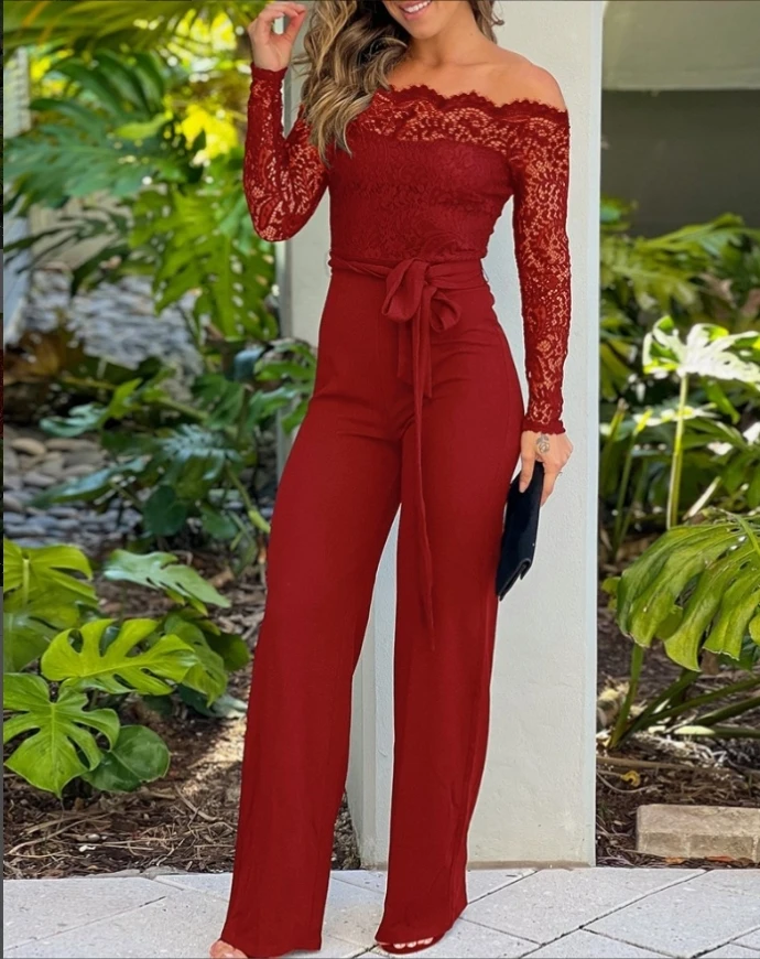 Contrast Sequin One Shoulder Long Sleeve Jumpsuit Casual Lace-up Wide Leg Romper