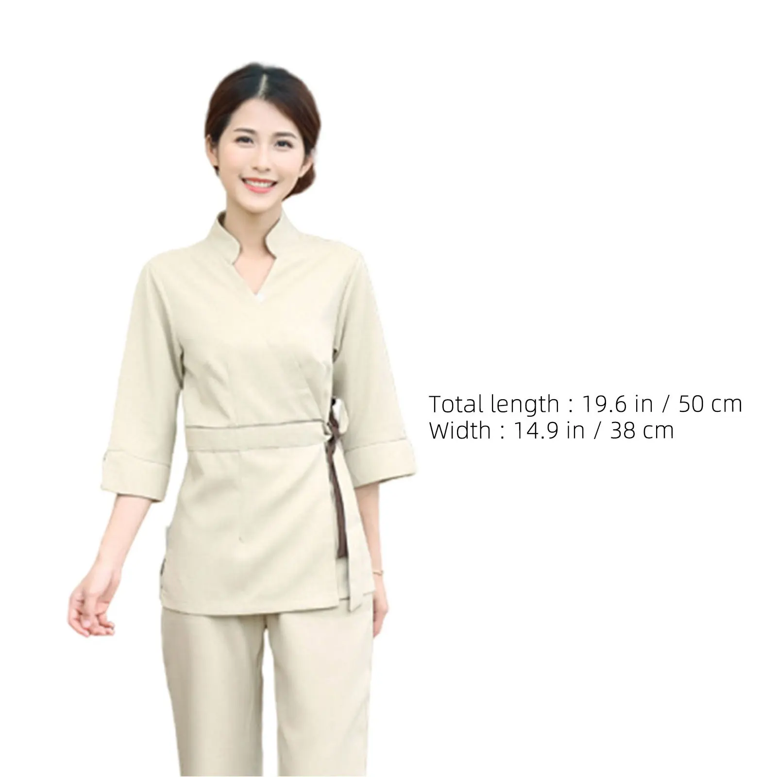 1 Set Schoonheidssalon Uniform Professioneel tweedelig pak Beige katoenen V-hals Tops Werkkleding voor schoonheidsspecialiste Dames Zomer