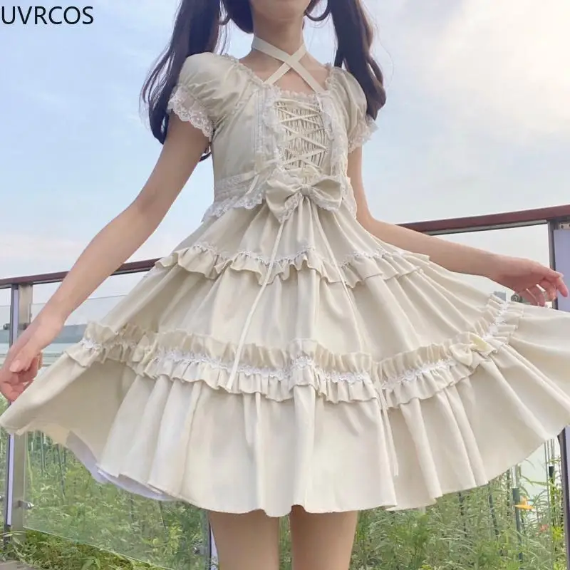 Kawaii Puff Short Sleeve Lolita Style Dress Women Sweet Bow Lace Ruffle Bandage Mini Dresses Girl Gothic Princess Party Vestidos