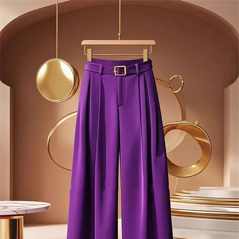 New Fashion Casual Wide Leg Pants Women Office Lady High Waist Slim Loose Wide Leg Purple Suit Pant Fashion Trousers with Belt