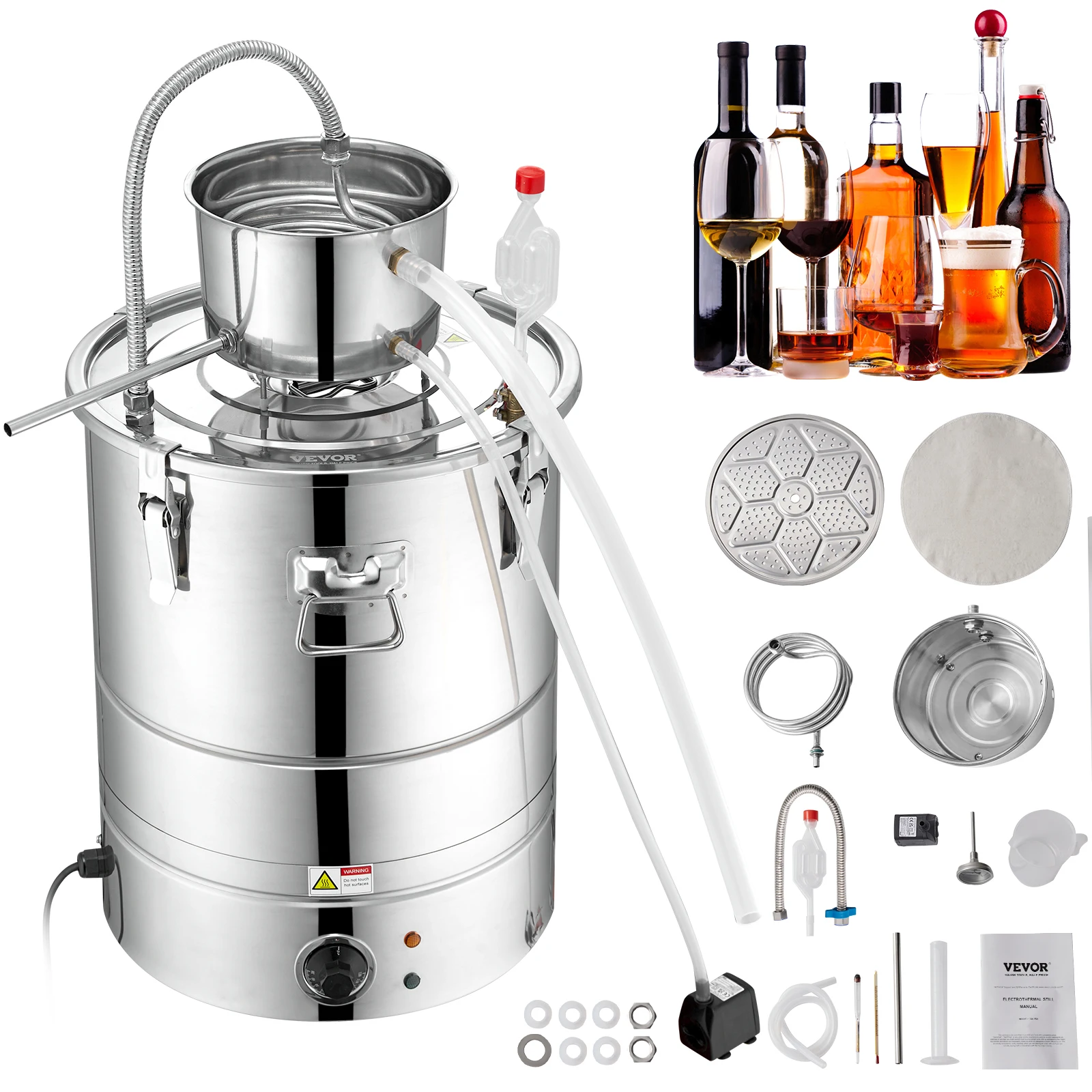SucceBuy Distillateur d'alcool d'eau morte d'alcool de 15 gallons 50L, kit de distillie domestique pour l'alcool comprend une pompe et une soupape d'échappement unidirectionnelle