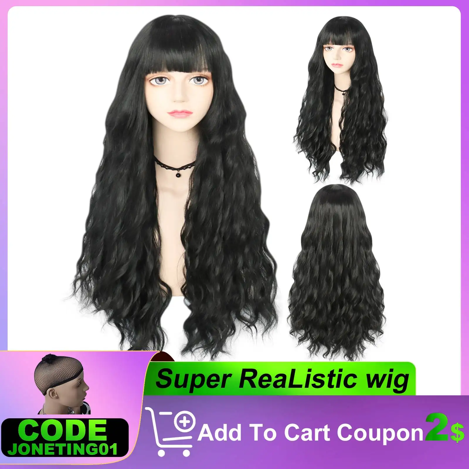 JONETING 33inch Black Curly Long Synthetic Wig With Bangs Cosplay Daily Natural Fiber Heat Resistant Wave Hair Halloween Wigs