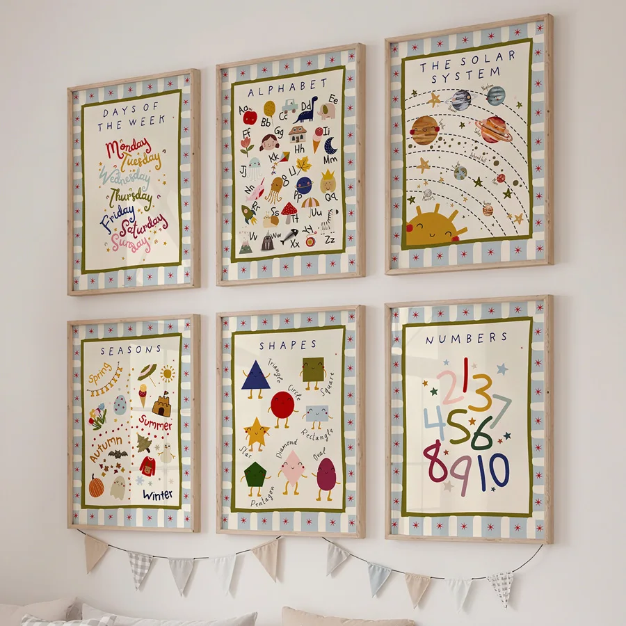 6 Pieces/Set, Mixed and Matched Educational Prints, Bohemian Style Playroom Wall Art, Frameless Letter Posters, Weather Prints, Shape Posters, Neutral Color Classroom Wall Decor, Canvas Art Pieces Suitable for Living Room, Bedroom, Home Office, Dormitory, Hallway, Home and Room Decoration