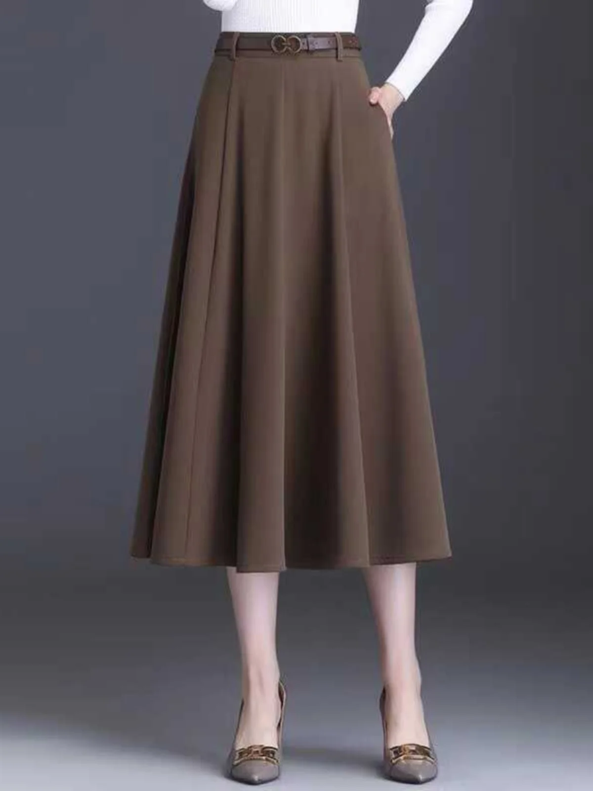 

Юбка миди А-силуэта с высокой талией для полных женщин, осенняя, повседневная, в корейском стиле, свободного кроя, элегантная, с драпировкой