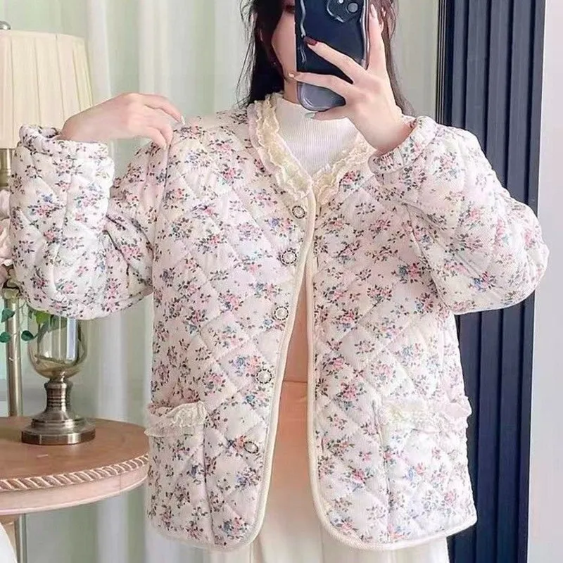 Women Lace Floral Tang Suit Jacket 2026 New Autumn Winter Fleece Coat Warm Clothes Female Elegant Sweet Printed Cotton Jacket