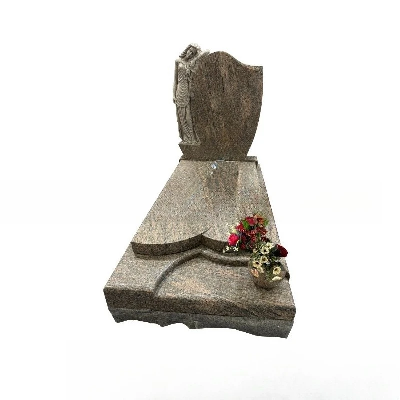 Granite headstone with angel sculpture and rose sculpture