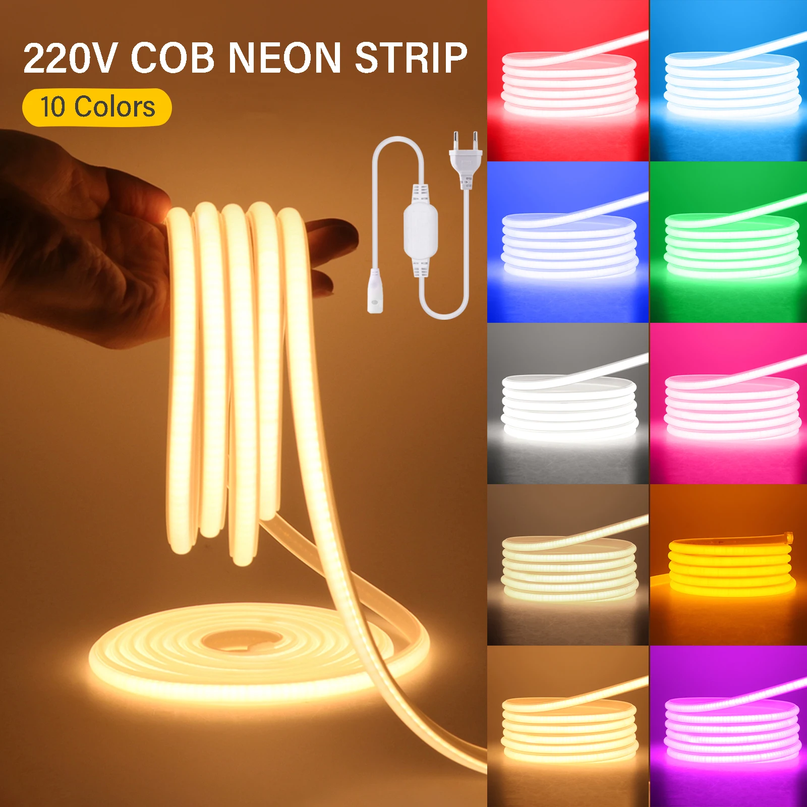 

220V High Bright COB Led Strip Warm Natural White Red Blue Waterproof Neon Tape Ribbon for Room Kitchen Outdoor Garden Lighting