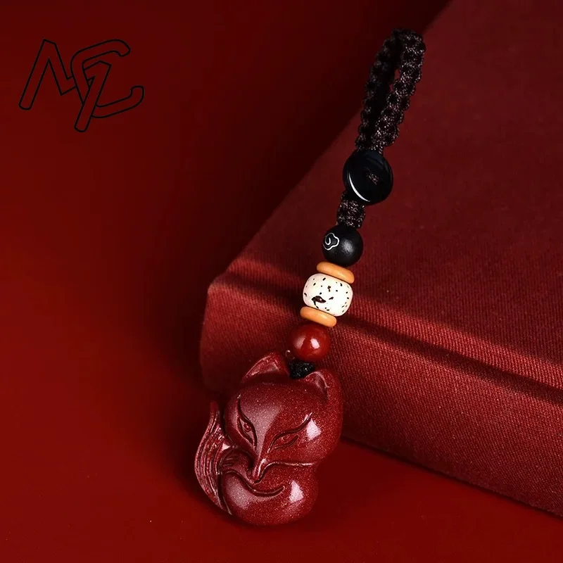 Natural Fashion Red Cinnabar Jade Little Fox Car Keychain Pendent Jewellery Chinese Healing Women Man Luck Gift Sweater Chain