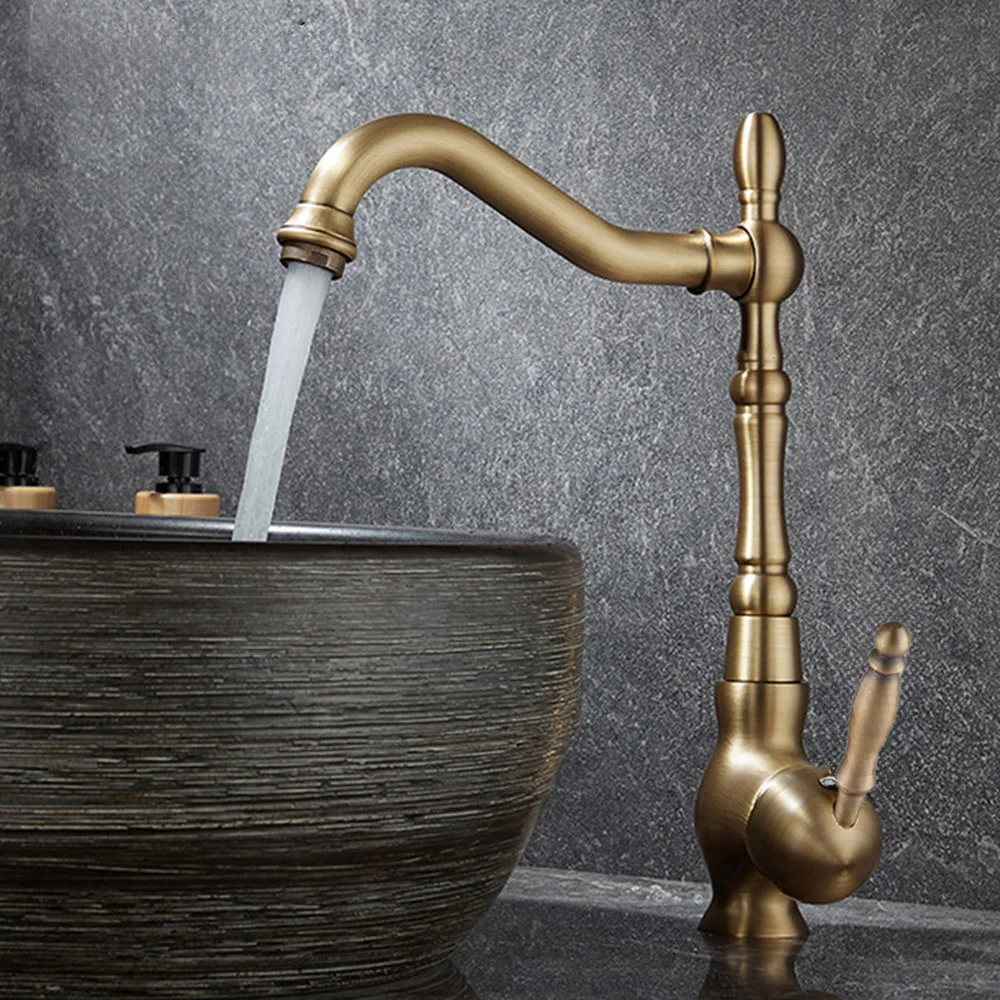 

Basin Faucets Antique Brass Bathroom Sink Faucet 360 Degree Swivel Spout Single Handle Bath kitchen Mixer Taps