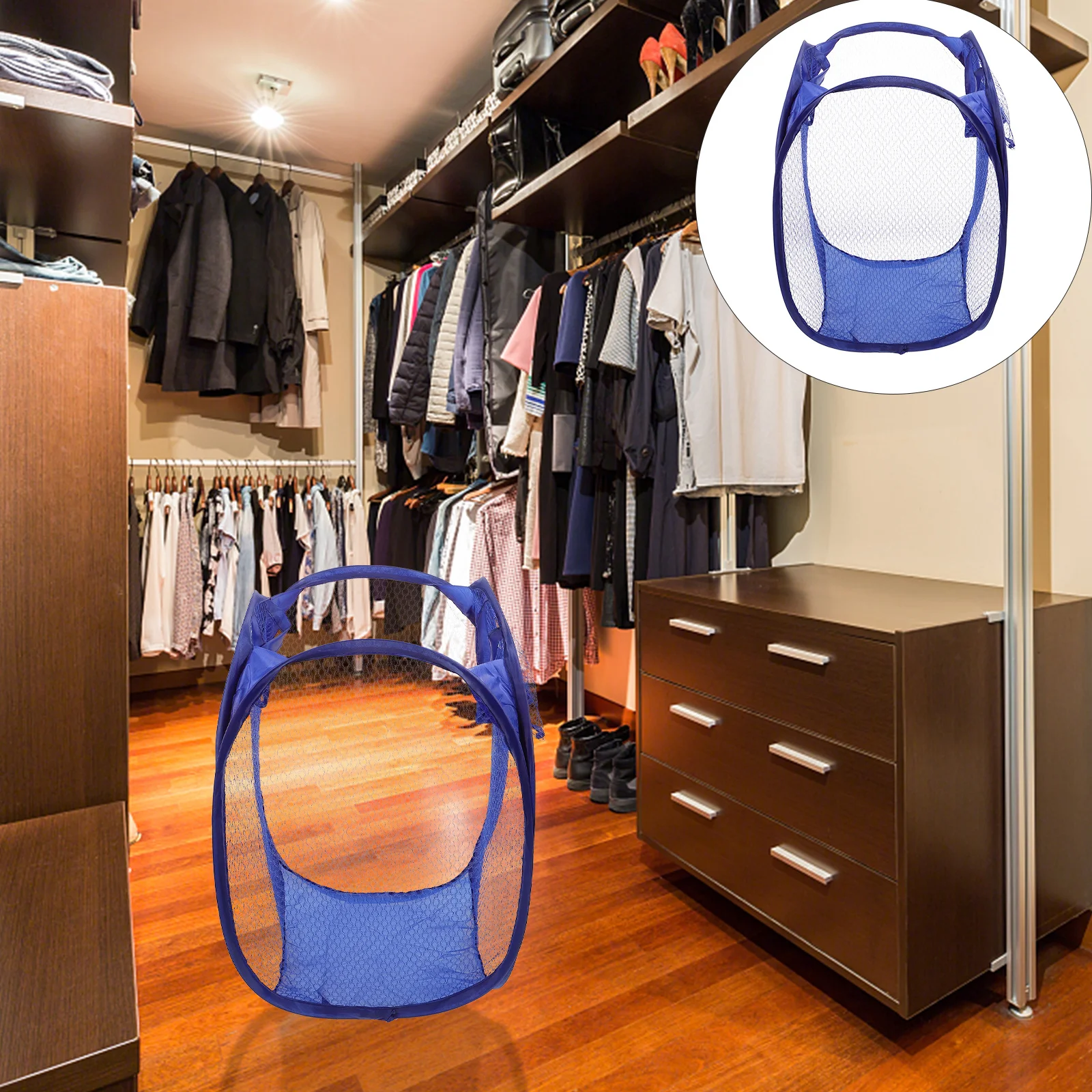 

Foldable Laundry Hamper Blue Mesh Pop-Up Design For Dorm Apartment Camping With Side Pocket Handles Storage Basket Dirty