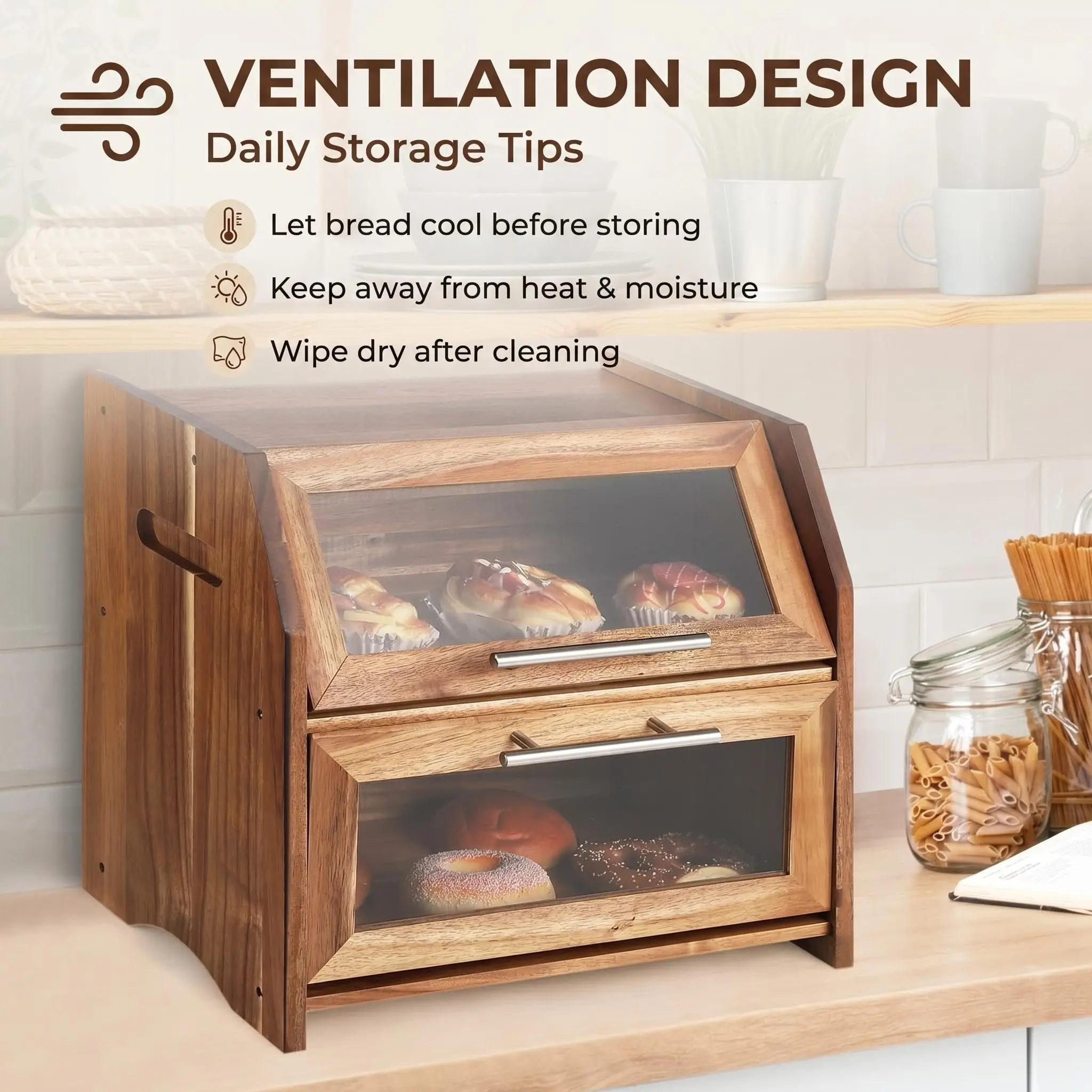 Acacia Wood Double Layer Bread Box With Clear Acrylic Doors, Ventilated Countertop Bread Storage Organizer For Bagels Pastries Kitchen