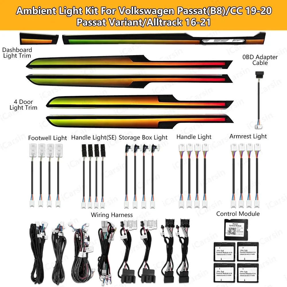 

64-цветное динамическое окружающее освещение для VW Passat B8 2019-2020 Arteon Europe, аксессуары для обновления салона автомобиля