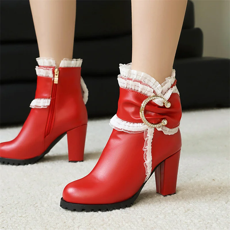 

YQBTDL 2026 Lolita High Heels Ladies Platform Ankle Booties Princess Lace Design White Black Party Wedding Women Shoes Winter