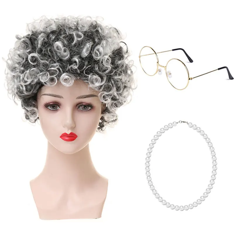 Wig Nenek Cos Halloween Nenek Rambut Keriting Charterer Pertunjukan Panggung Alat Peraga Penutup Wig