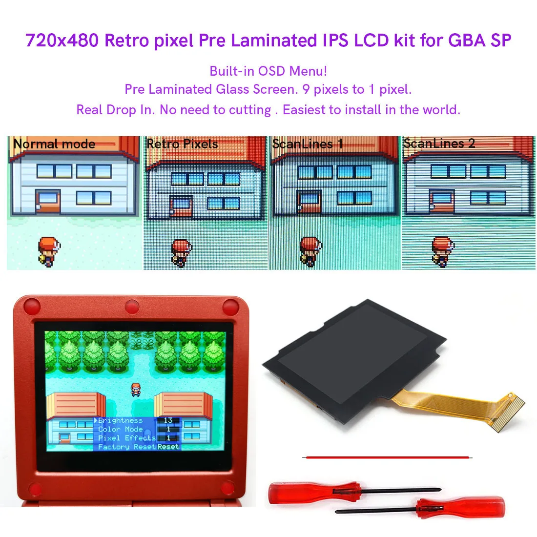 New 3.0 Inches V5 Drop In 720x480 Pre-Laminated Retro Pixel IPS High Backlight LCD Screen Kit + Clear Shell Case For GBA SP