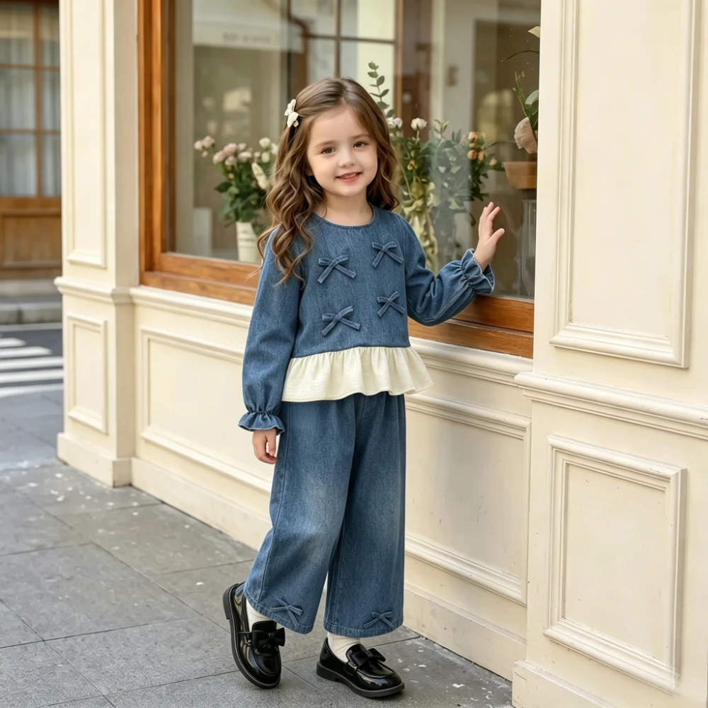 Bear Leader 3-7 Years Old Autumn Korean Version Girls' Clothes Splicing Blue Bow Long Sleeved Top + Casual Pants Children's Sets