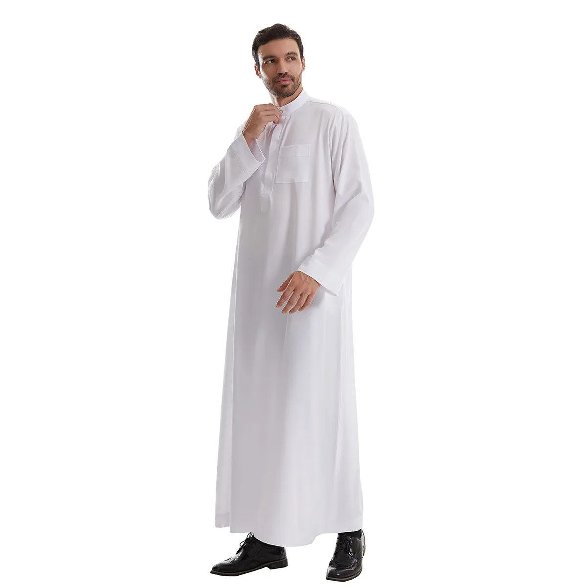 Mangas compridas robe de botão masculino, gola de gola, cor sólida, árabe, comprimento do tornozelo, Thobe muçulmano, Ramadan, roupas Eid, adulto