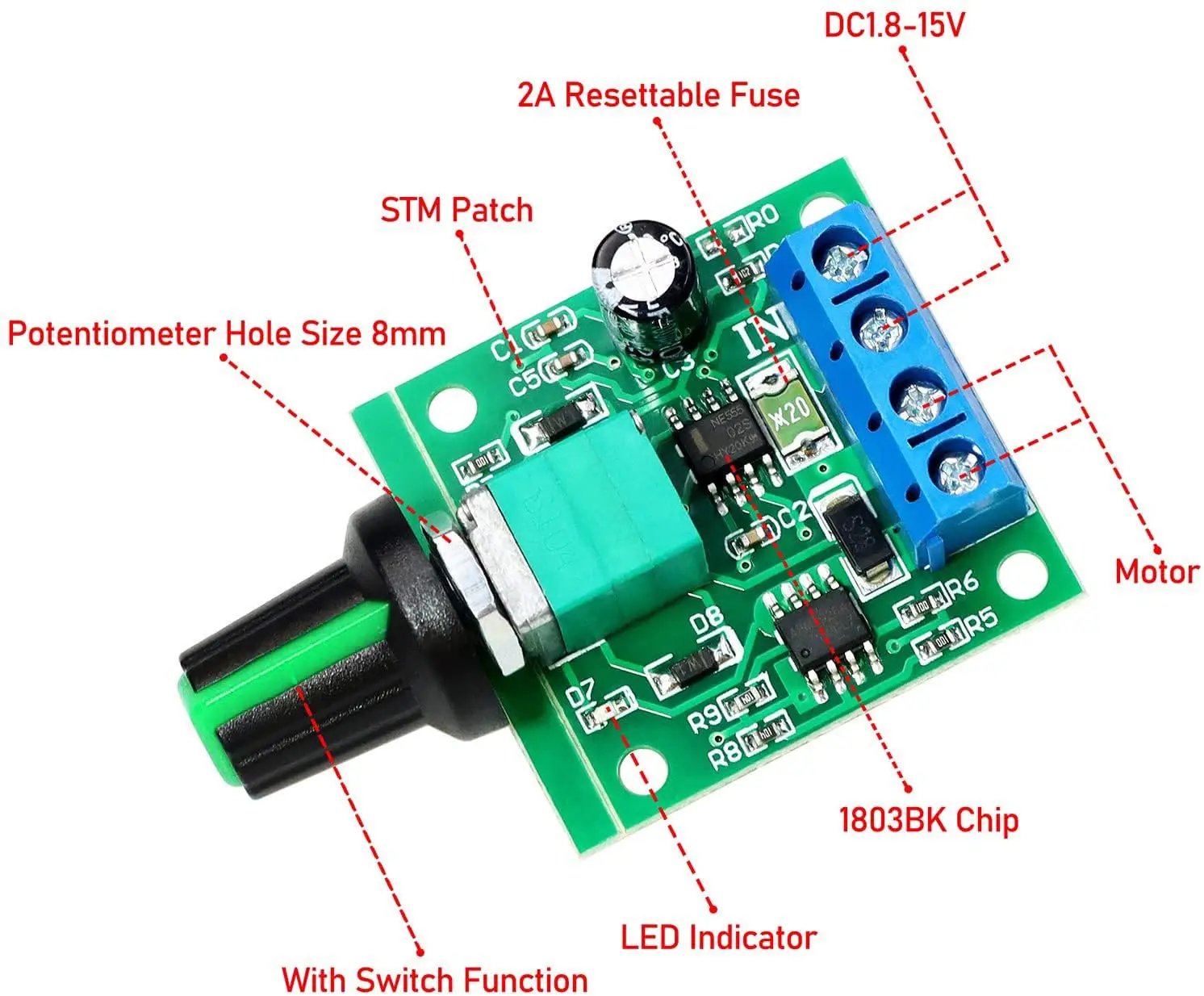 2PCS / 4PCS / 6PCS 1.8V 3V 5V 6V 12V 2A 30W Low Voltage DC Motor Speed Controller PWM 1803BK 1803B Adjustable Driver Switch