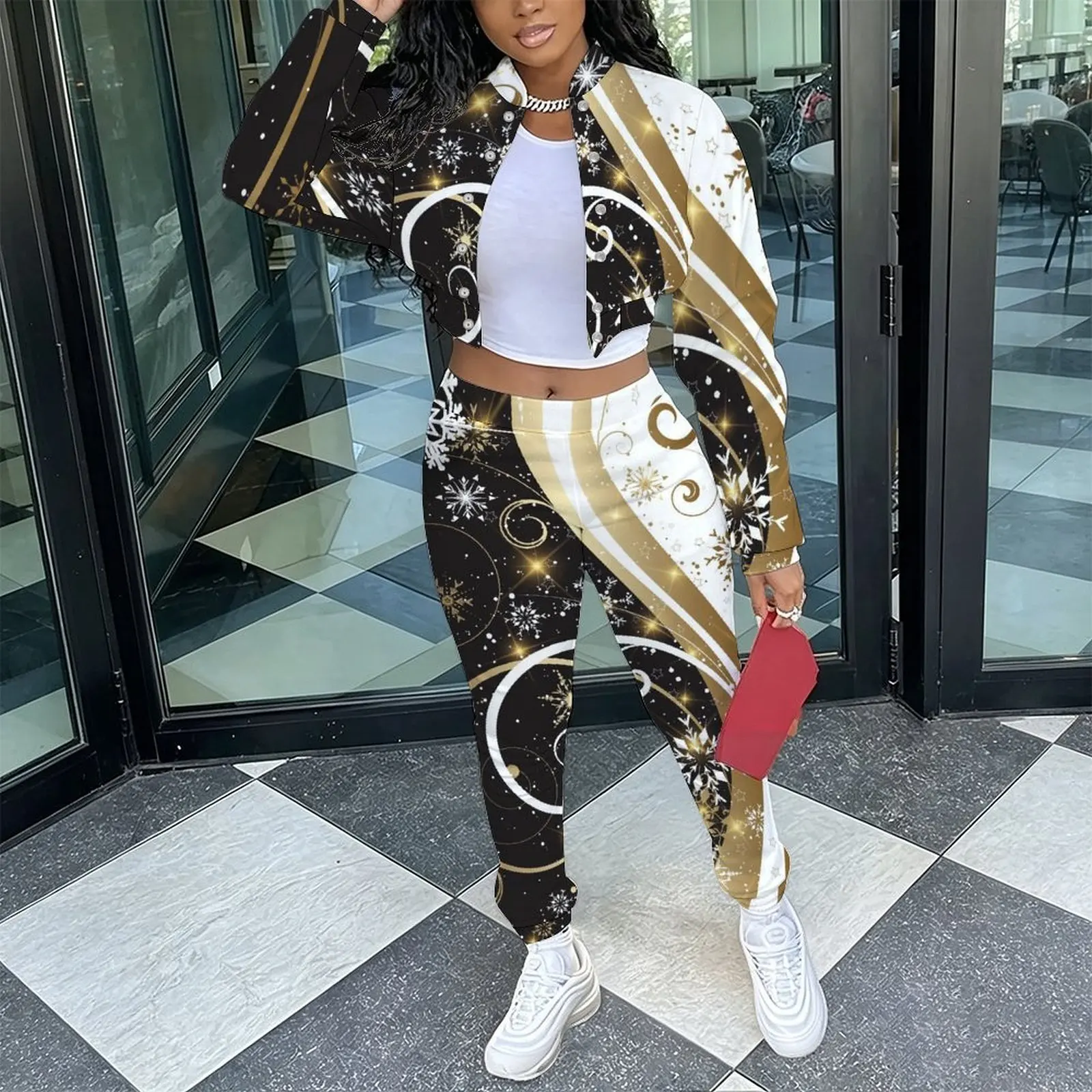 Women's Retro Fashion 2 Piece  Elegant Stand Collar Long Sleeve Jacket Casual Everyday Commuting Sport Pants