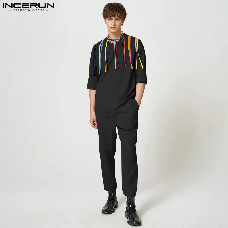 

INCERUN Summer Spring 2023 Men's Sets Fashion T Shirt & Pants 2PCS Long Pants Suit Streetwear Causal O-neck Tassels Tops Shirts