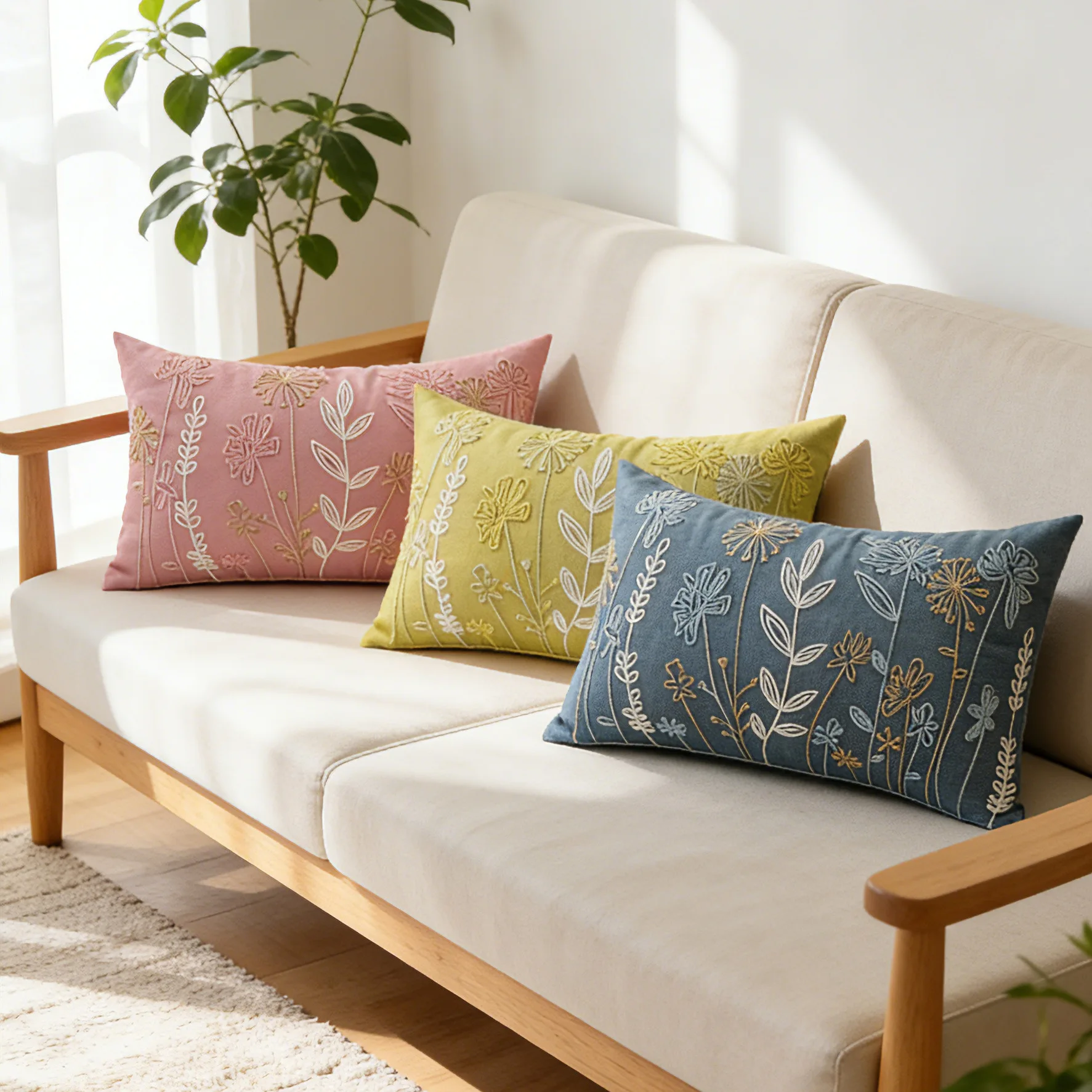 

2PCS Cotton and Linen Plant Embroidery Cushion Case Nordic Modern Throw Pillow Cover Decorative Home Sofa Bedside Cushion Covers