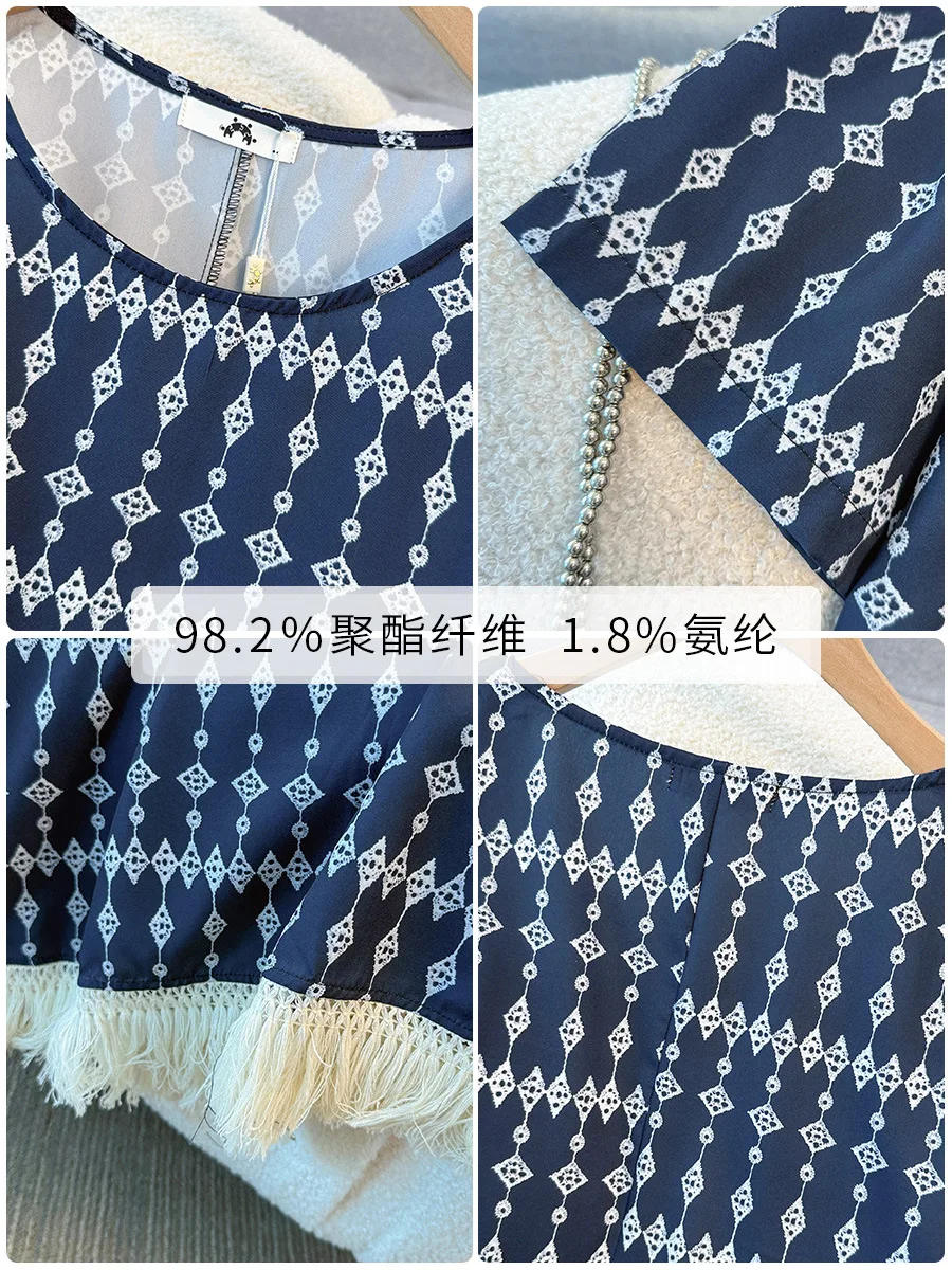 Gaun Motif Rumbai Leher-o Lengan Pendek Longgar Musim Panas 153 Dada Wanita Ukuran Besar 150Kg Biru 5XL 6XL 7XL 8XL 9XL