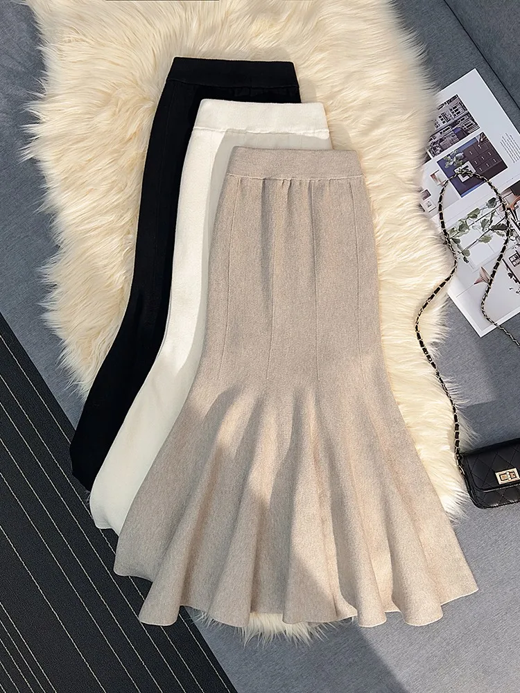 Thiened malha fi cauda f saia com camisola comprimento médio envoltório em torno da saia cintura alta coreano sle commute mistura de poliéster