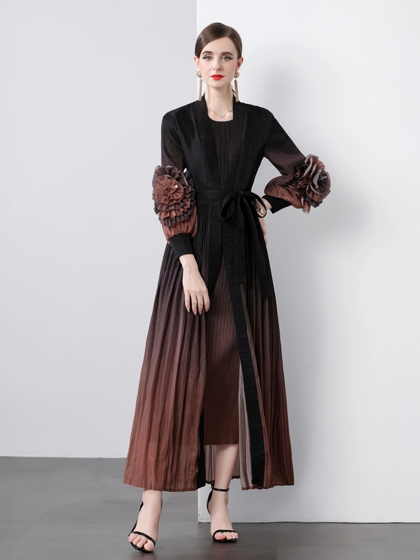

Plus Size Clothes Two Piece Set For Women Chic And Elegant Luxury Miyake Pleated Gradient Print Dress Long Sleeve Outfits Female