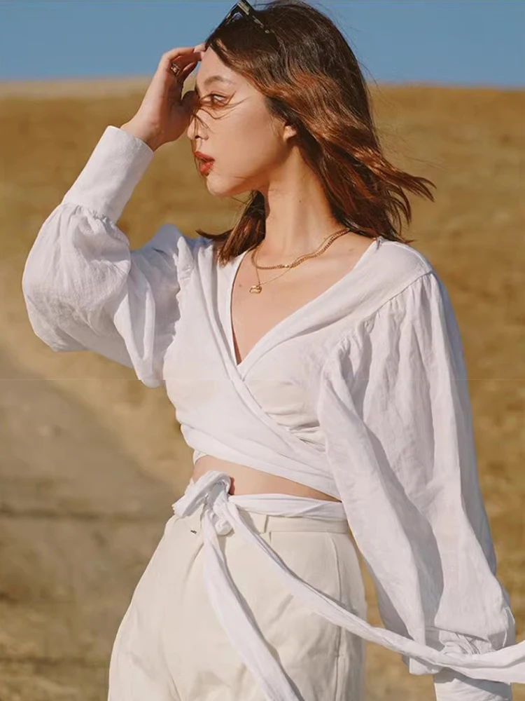 

Naturaleye Summer New White Cotton Shirt Wrap Style Short Lantern Sleeve Women's Top Sun Protection Long Sleeve V-Neck Design