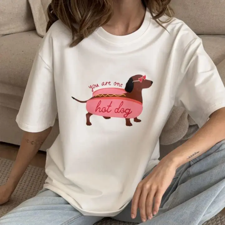 Women's Cute Puppy Graphic Short Sleeve T-Shirt - Summer Streetwear