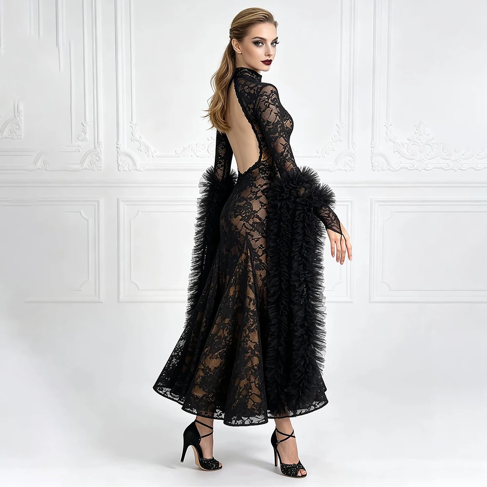 Ballroom Dance Dress For Women High Neck Lace Long Tulle Flare Sleeve Waltz Gown Modern Dance Performance Party Costume